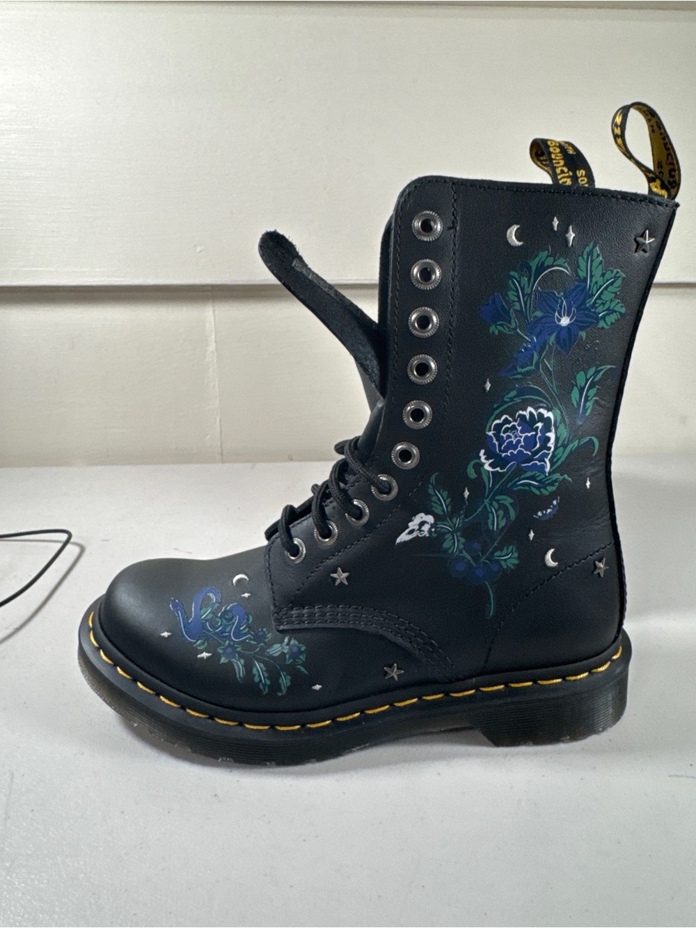 Dr. Martens Black Floral Lace-Up Boot with Yellow Welt Stitching
